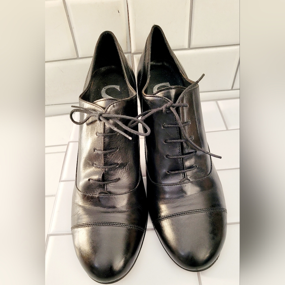 Ladies Black Leather 3in Block Heel Lace Up Cap Toe Oxford Shoe Leather Lining C